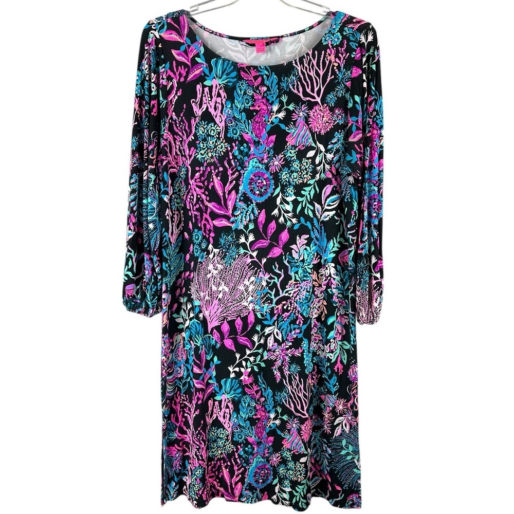 Lilly Pulitzer Seahorse Print Balloon Sleeve Shift Dress Sz L Resort Dress Pink